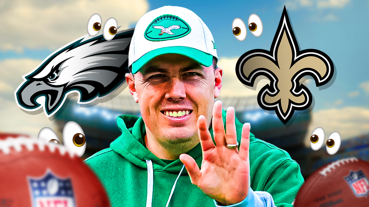 Kellen Moore, Philadelphia Eagles and New Orleans Saints logos in background, eyes symbols surrounding Moore