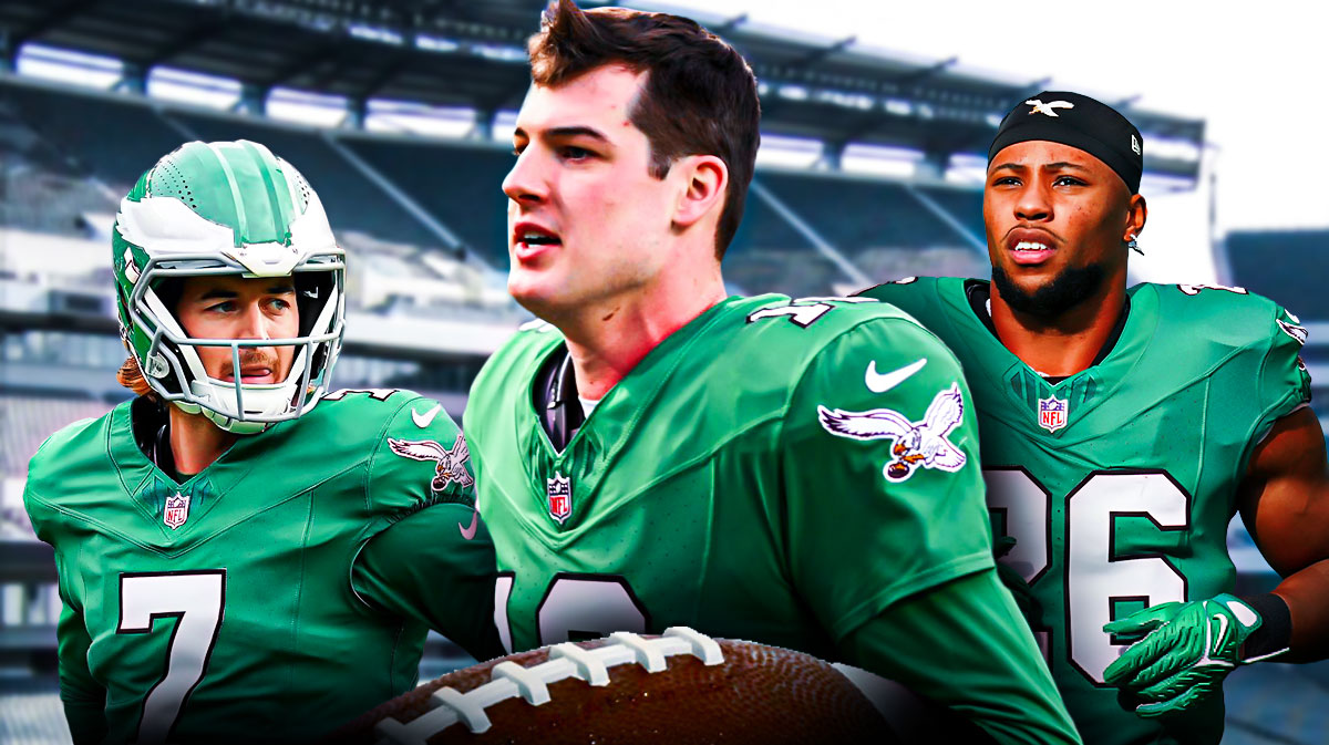 Kenny Pickett, Tanner McKee, and Saquon Barkley in front fo the Eagles stadium.