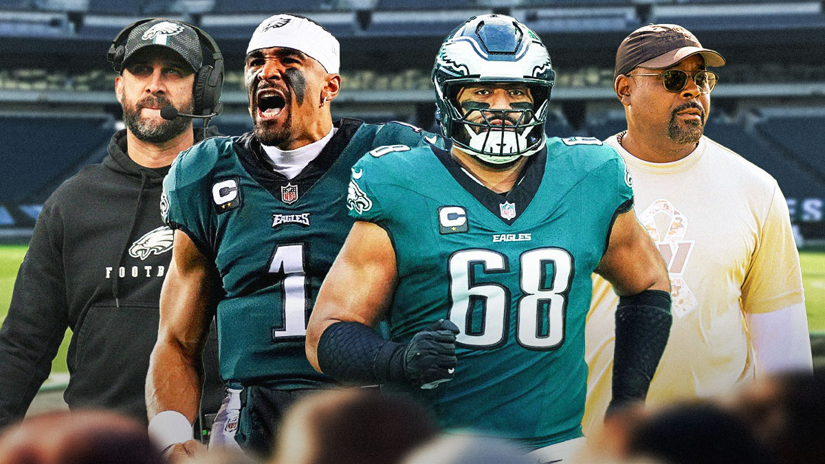 Jordan Mailata, Nick Sirianni, Jalen Hurts, and Commanders Defensive Coordinator Joe Whitt in front of the Eagles stadium.
