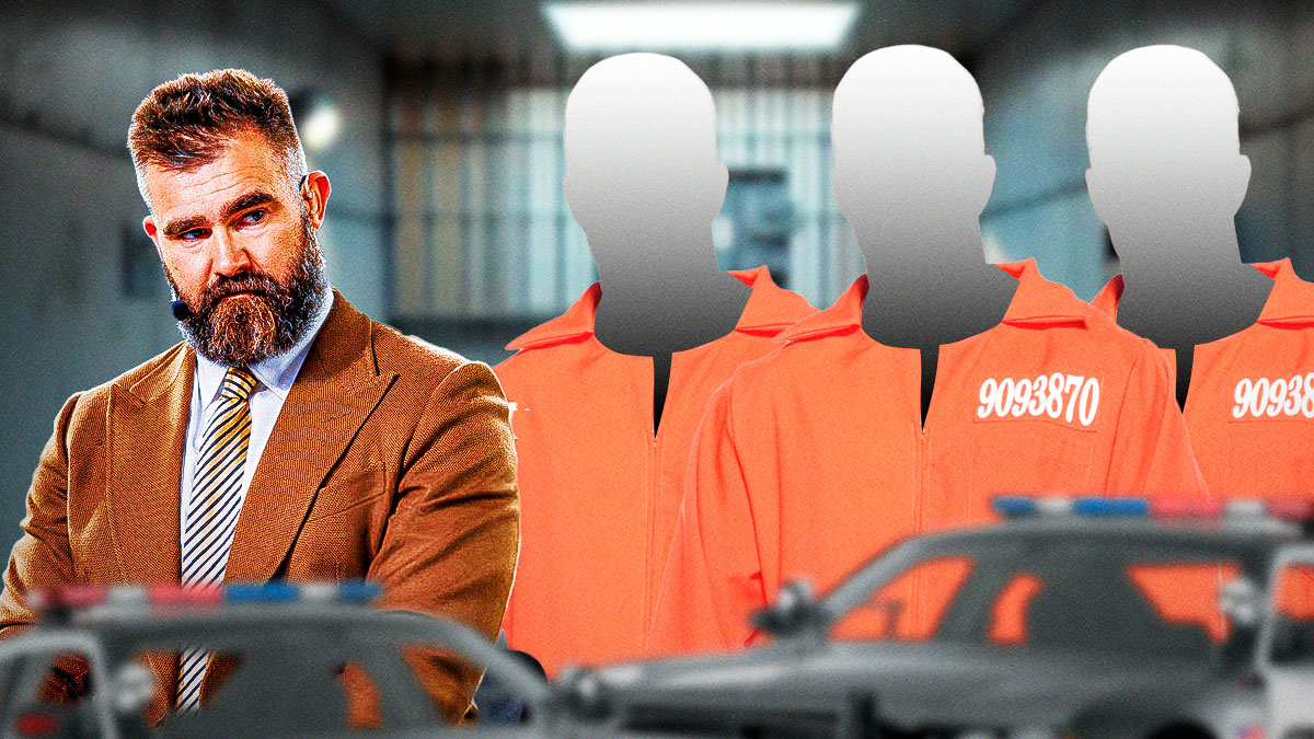 3 silhouettes dressed in prison outfits standing next to Jason Kelce