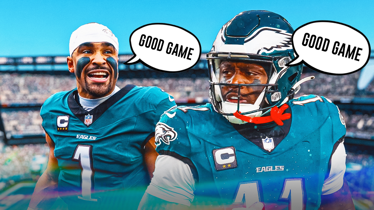 AJ Brown with a text bubble reading "Good Game" next to Jalen Hurts with a text bubble reading "Goog Game" in front of the Eagles stadium.