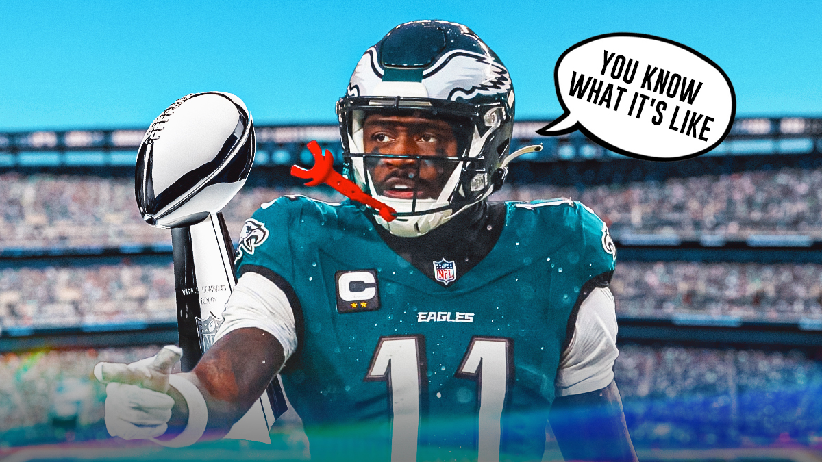 AJ Brown with a text bubble reading "You know what it's like" next to the Lombardi Trophy in front of the Eagles Stadium.