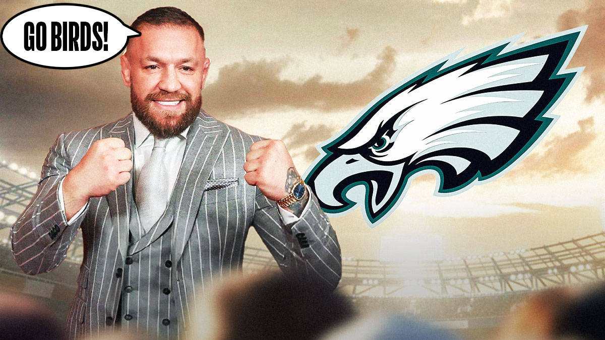 Conor McGregor saying "Go Birds!" Eagles logo in the background.