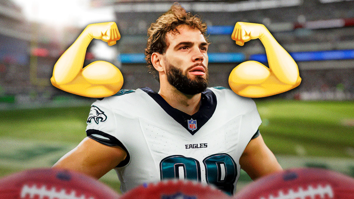 Eagles Dallas Goedert with flexed biceps emoji next to him