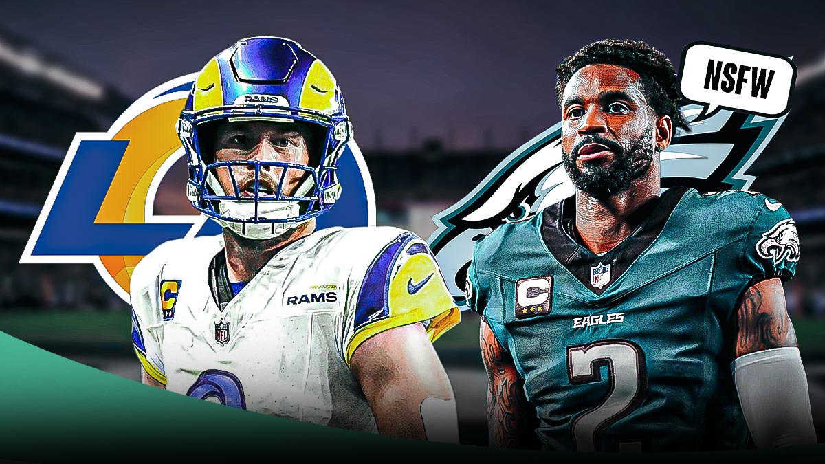 Darius Slay, Matthew Stafford, Philadelphia Eagles and Los Angeles Rams logos in background, Speech bubble from Slay with the text "NSFW" inside the bubble