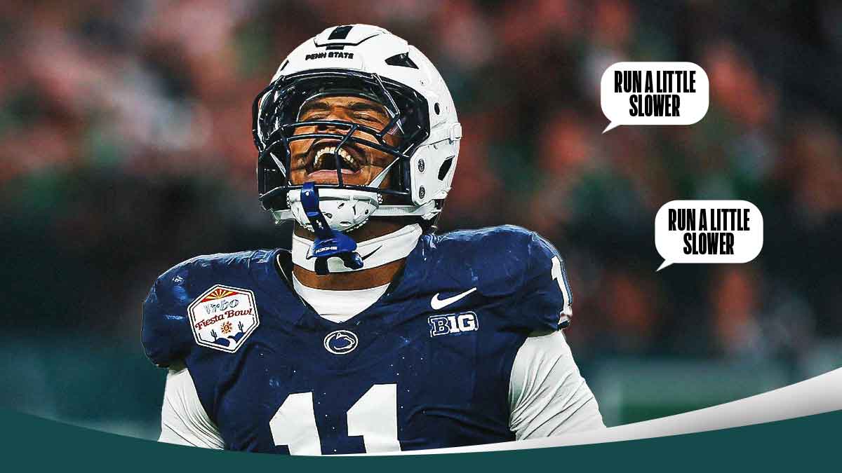 Abdul Carter in the Eagles stadium with a text bubble reading "Run a little slower!" coming from the stands.