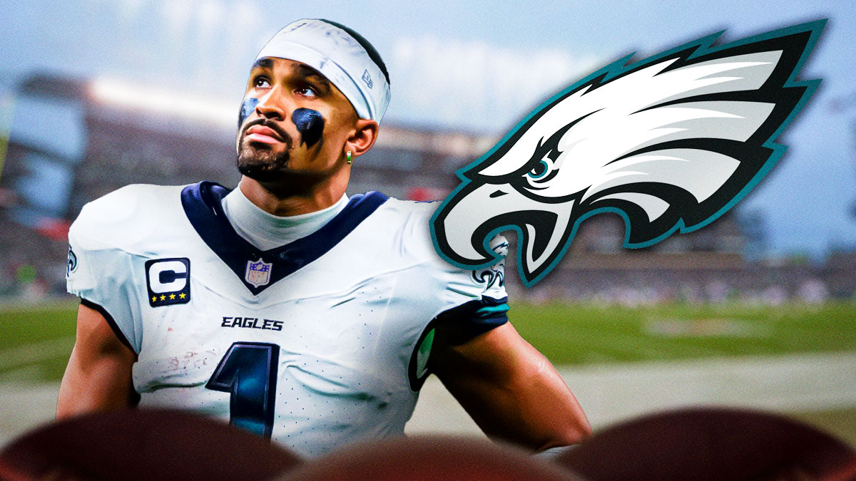 Jalen Hurts looking concerned next to an Eagles logo