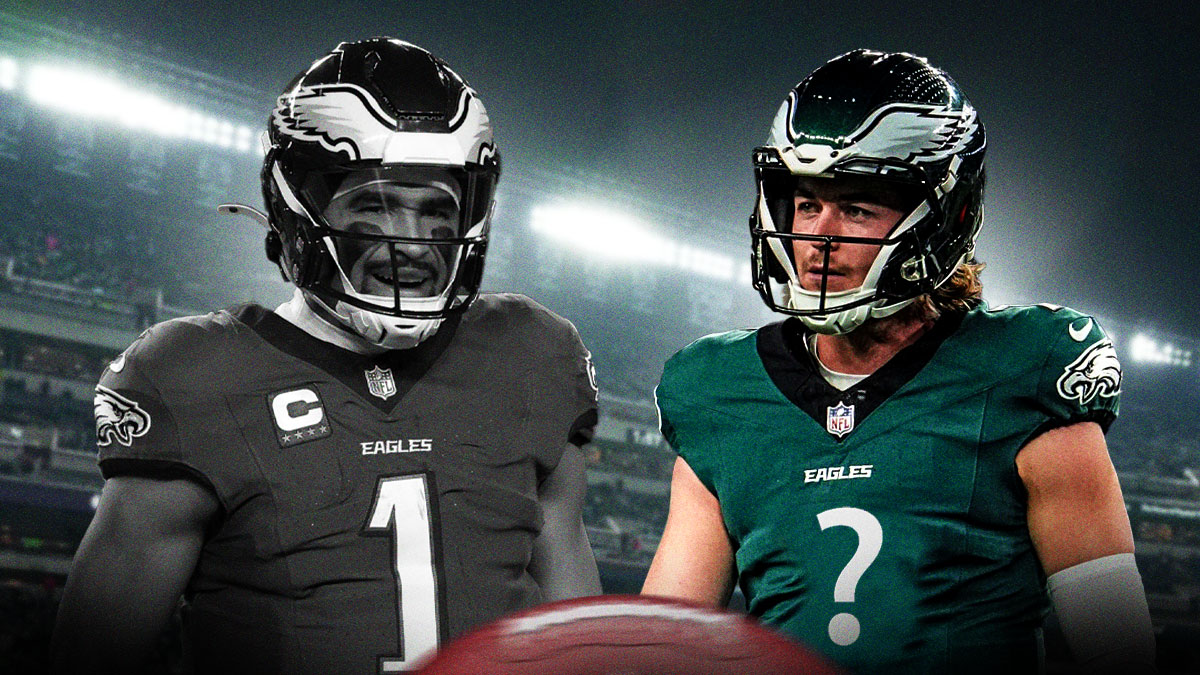 Black and white Jalen Hurts next to Kenny Picket with a ? instead of his jersey number in front of the Eagles stadium.