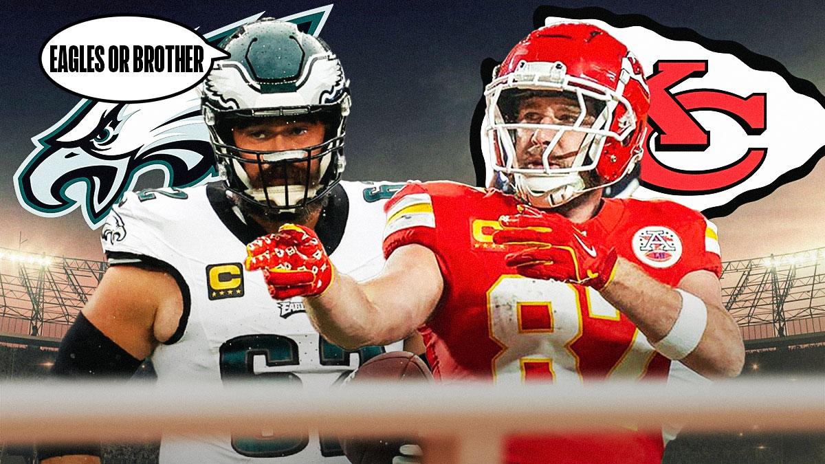 Jason Kelce on the left side with the Eagles logo behind him and Travis Kelce on the right side with the Chiefs logo behind him, with a speech bubble for Jason Kelce saying Eagles Or Brother?