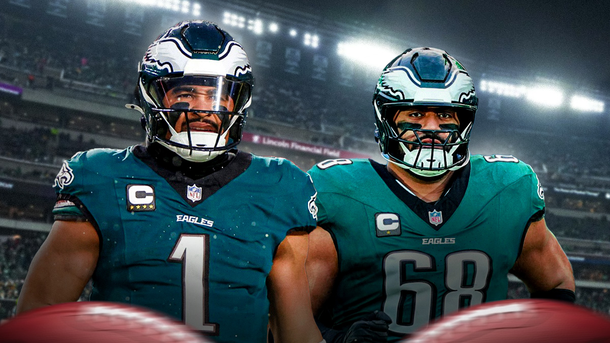 Jalen Hurts, Jordan Mailata, Philadelphia Eagles logo in background