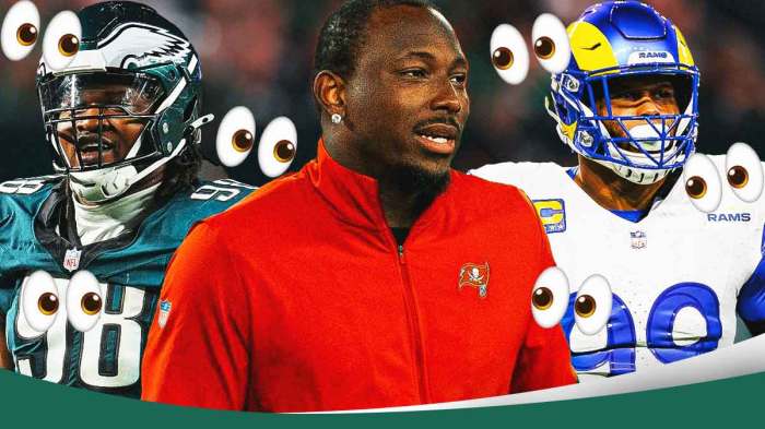 Jalen Carter, Aaron Donald, LeSean McCoy, eyes symbols surrounding the trio