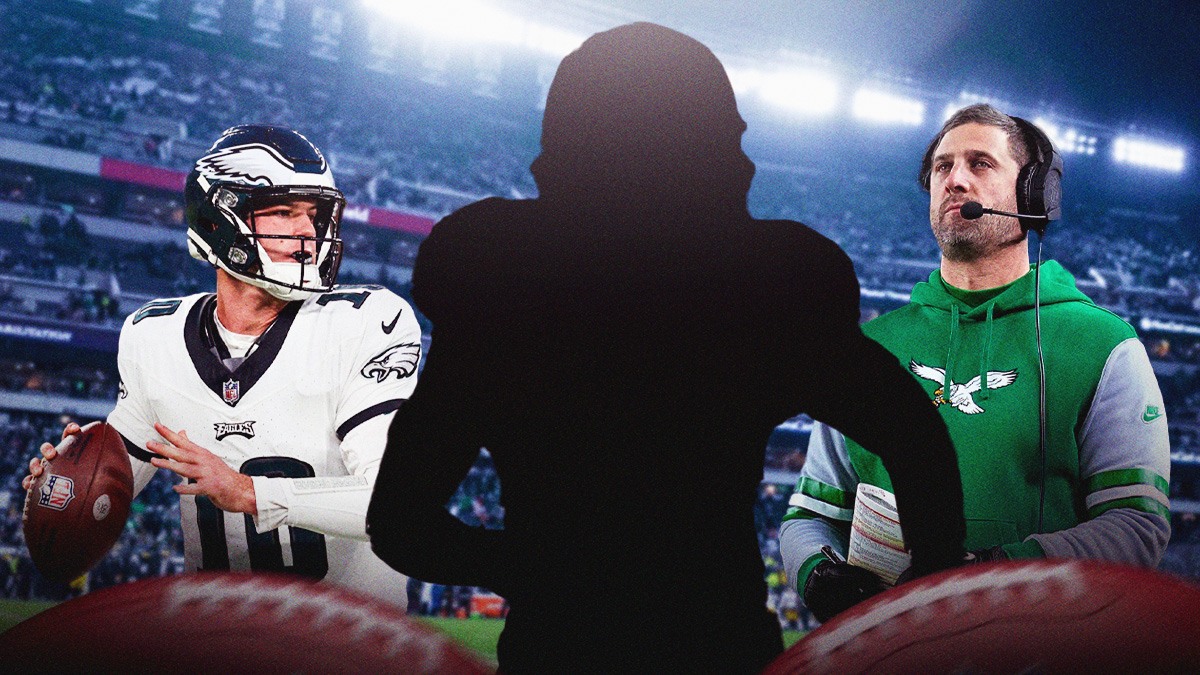 Tanner McKee on the left, Nick Sirianni on the right, and the blacked-out silhouette of Jahan Dotson in the middle in front fo the Eagles stadium.