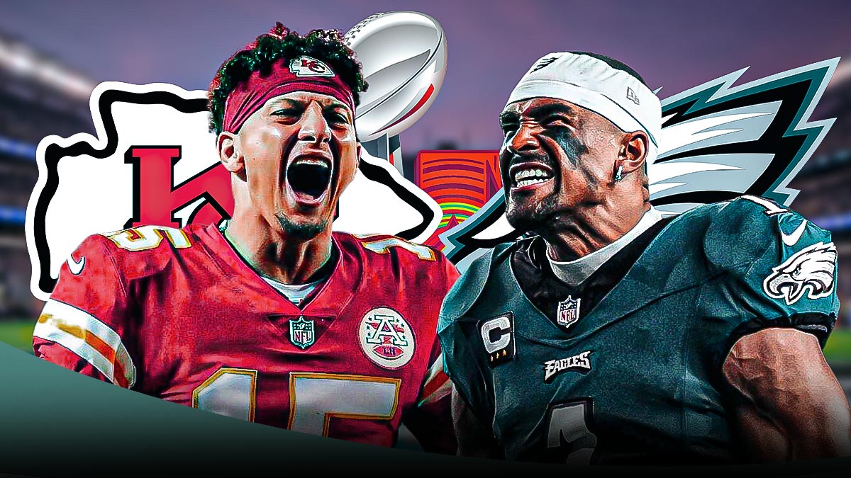Jalen Hurts, Patrick Mahomes, Philadelphia Eagles and Kansas City Chiefs, and Super Bowl 59 logos in background, fire symbols surrounding Hurts and Mahomes