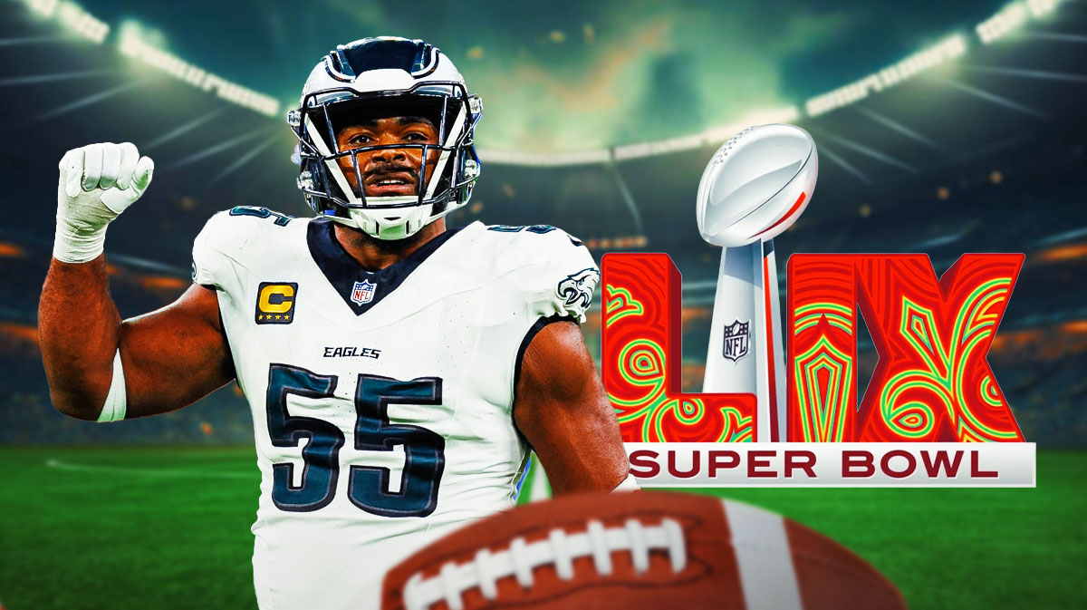 Brandon Graham in an Eagles uniform. Super Bowl 59 logo.