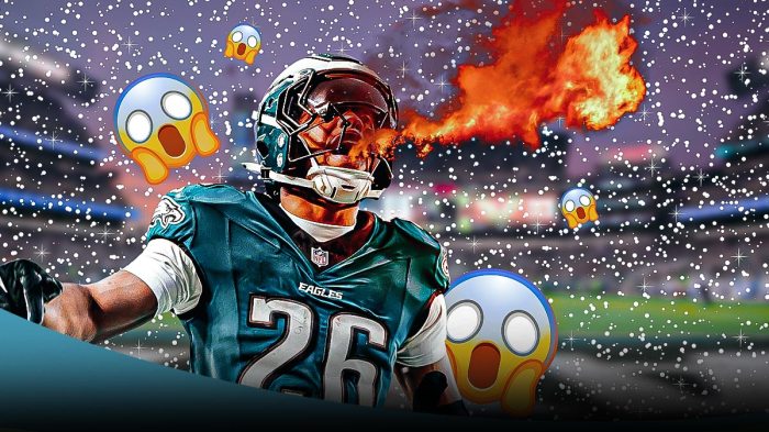 Eagles' Saquon Barkley yelling and breathing fire. Lincoln Financial Field with snow falling in the background. Shocked emojis all around