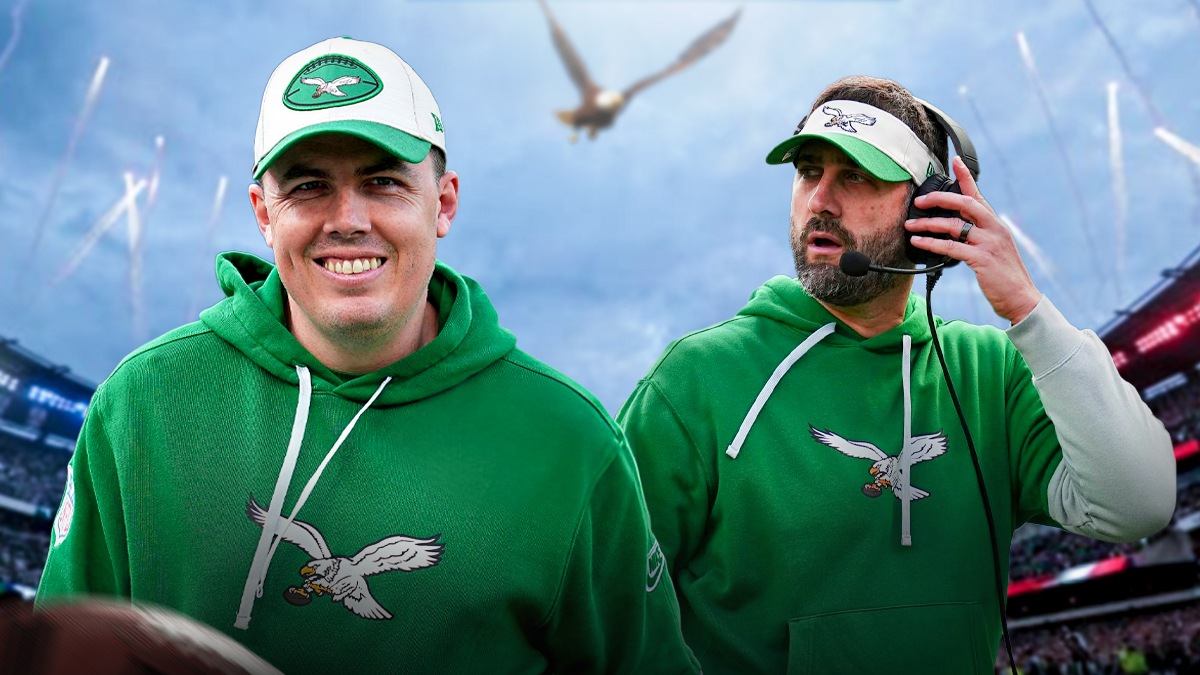 Kellen Moore next to Nick Sirianni with the Eagles stadium as the background.