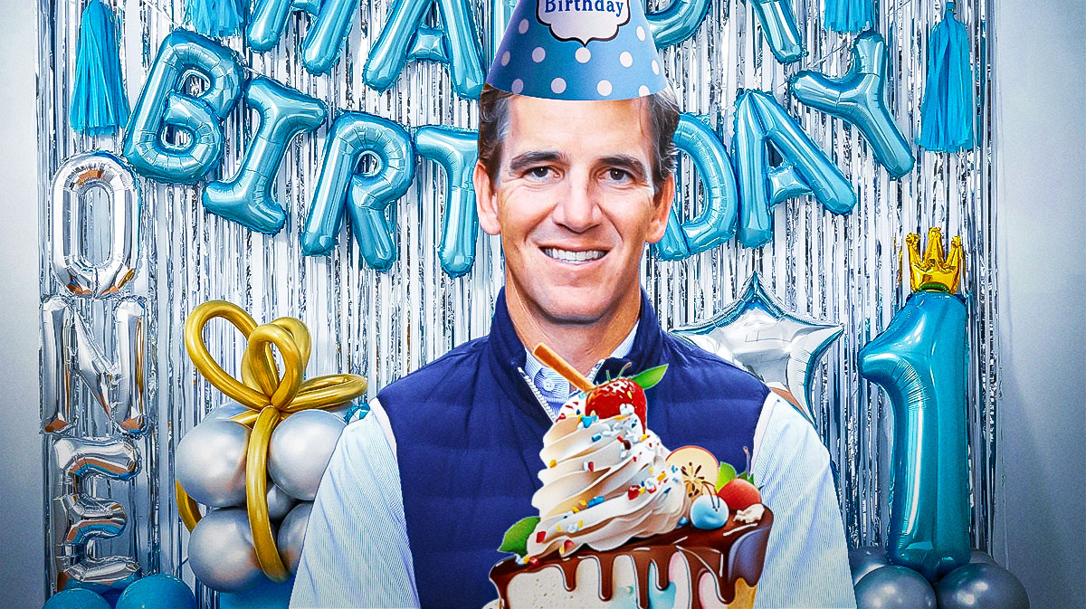 New York Giants legend Eli Manning with a birthday hat and cake and decorations.