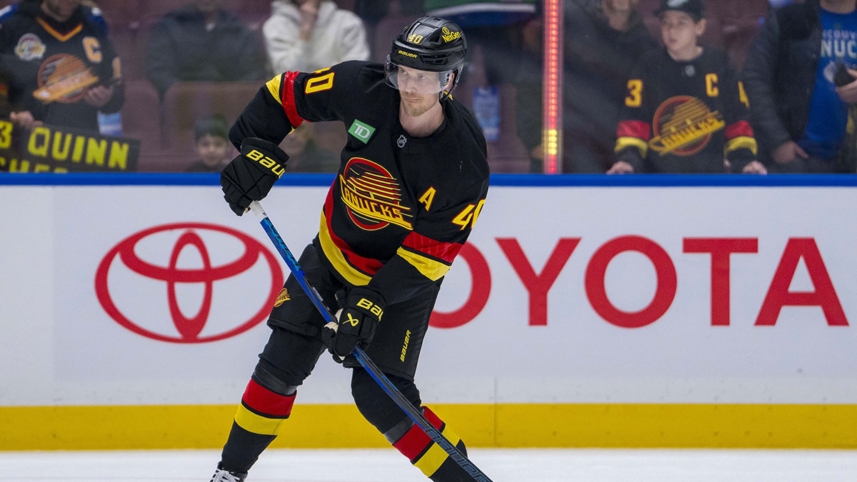 Vancouver Canucks forward Elias Pettersson (40) shoots during warm up prior to a game against the Edmonton Oilers at Rogers Arena.