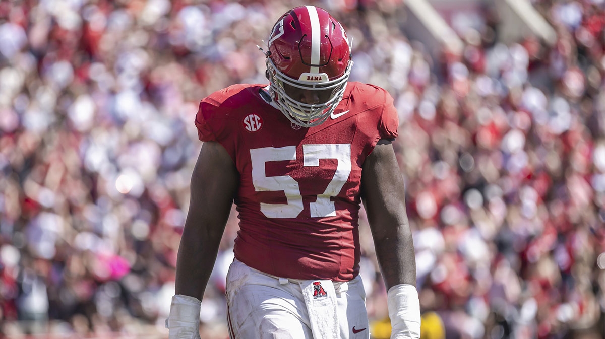 Alabama Crimson Tide offensive lineman Elijah Pritchett (57) walks to the sideline during a turnover in the second quarter at Bryant-Denny Stadium