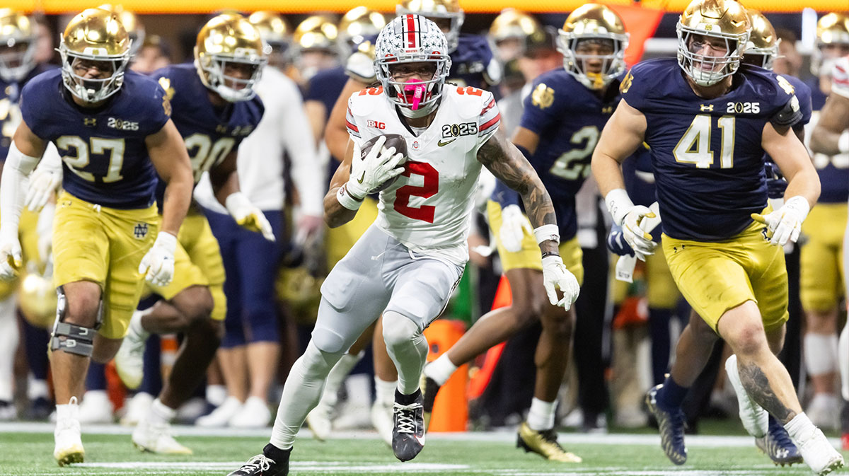Ohio State Buckeyes wide receiver Emeka Egbuka (2) against the Notre Dame Fighting Irish during the CFP National Championship college football game at Mercedes-Benz Stadium.