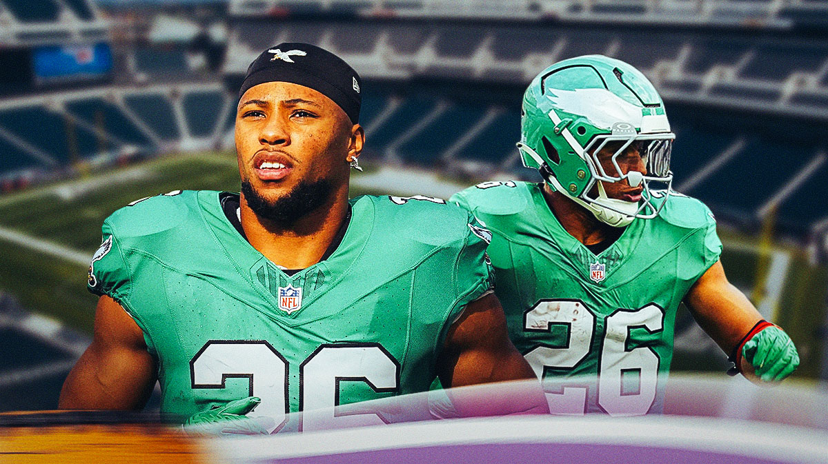 Saquon Barkley, Eagles, Eric Dickerson, Eric Dickerson record, Saquon Barkley rushing record, Saquon Barkley in Eagles uniform with Eagles stadium in the background
