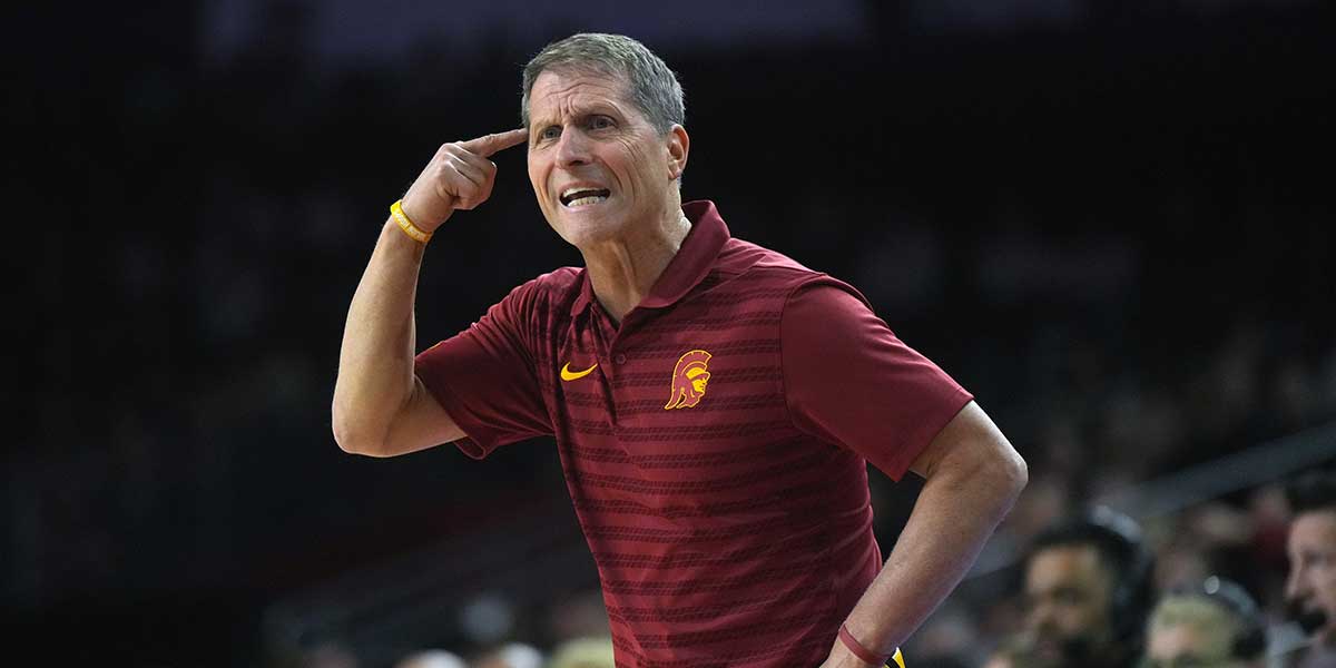 Southern California Trojans head coach Eric Musselman reacts in the first half against the Iowa Hawkeyes at Galen Center.