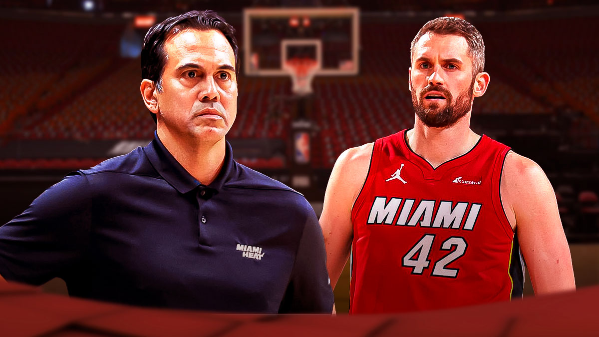 Miami Heat head coach Erik Spoelstra and Kevin Love in front of Kaseya Center.