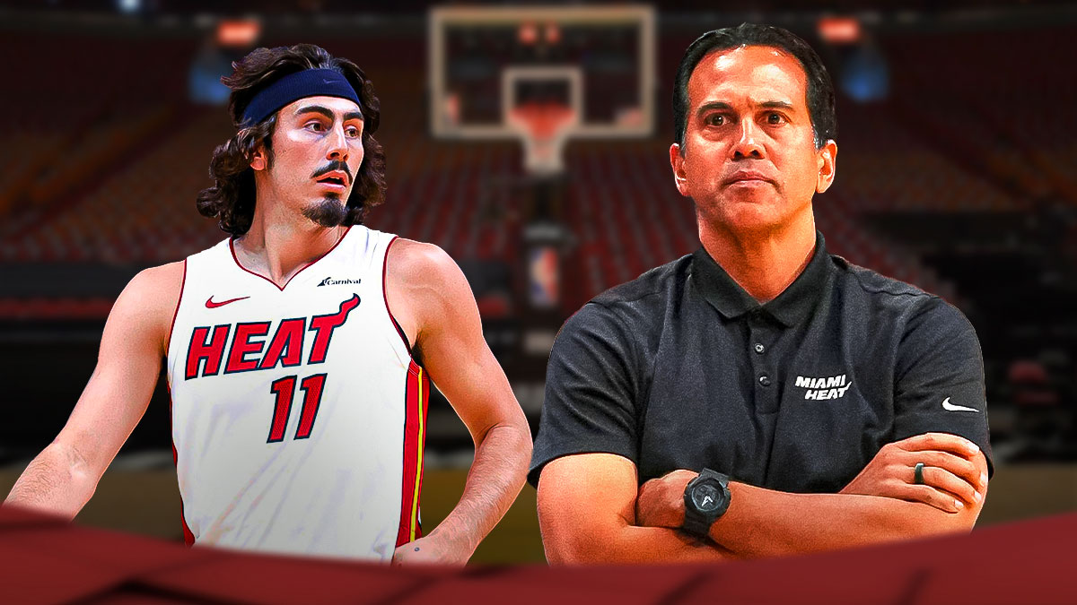 Miami Heat head coach Erik Spoelstra and Jaime Jaquez Jr. in front of Kaseya Center.