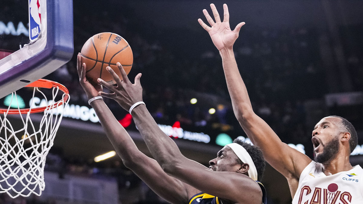 Indiana Pacers forward Pascal Siakam (43) goes up for a shot against Cleveland Cavaliers forward Evan Mobley (4) on Tuesday, Jan. 14, 2025, during an NBA game between the Indiana Pacers and the Cleveland Cavaliers at Gainbridge Fieldhouse in Indianapolis. The Cavaliers defeated the Pacers, 127-117. 