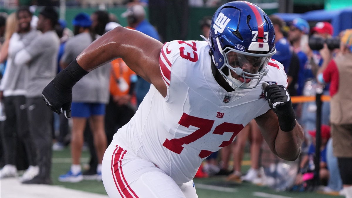 East Rutherford, NJ -- August 24, 2024 -- Evan Neal of the Giants before the game. The New York Giants and New York Jets meet at MetLife Stadium in the final preseason game of the 2024 season for both teams.