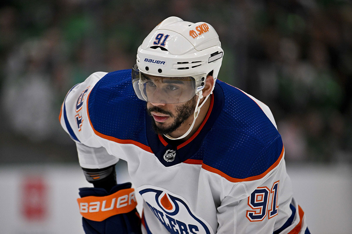Edmonton Oilers left wing Evander Kane (91) in action during the game between the Dallas Stars and the Edmonton Oilers in game two of the Western Conference Final of the 2024 Stanley Cup Playoffs at American Airlines Center. 
