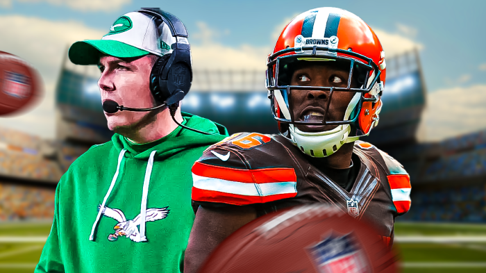 Eagles OC Kellen Moore next to former Browns WR Andrew Hawkins