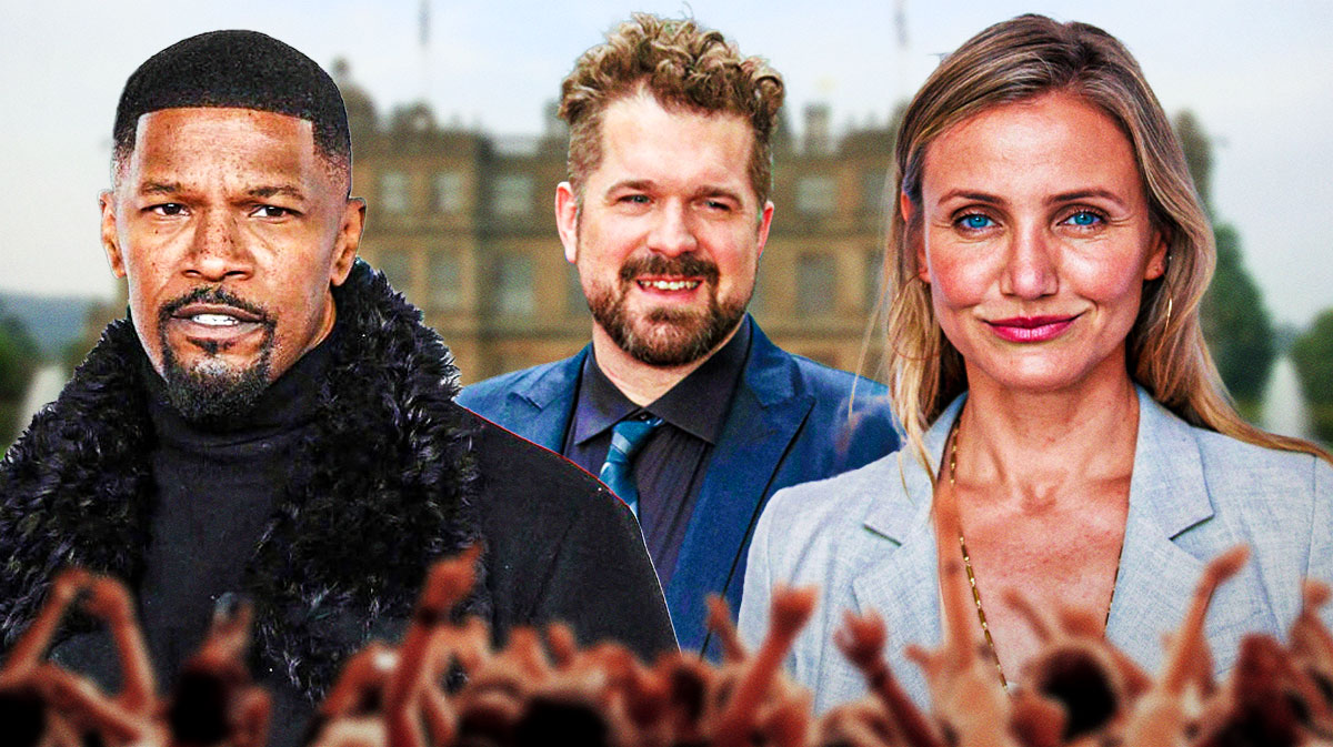 Back in Action movie stars Jamie Foxx and Cameron Diaz with director Seth Gordon with British country house background.