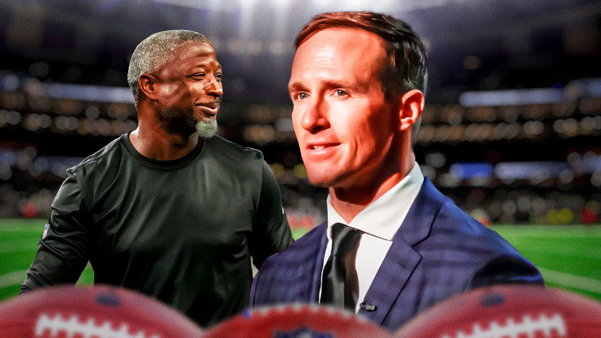 IMAGE: Drew Brees (2024 or 2025 image) in front. Aaron Glenn (2024 image) in background.