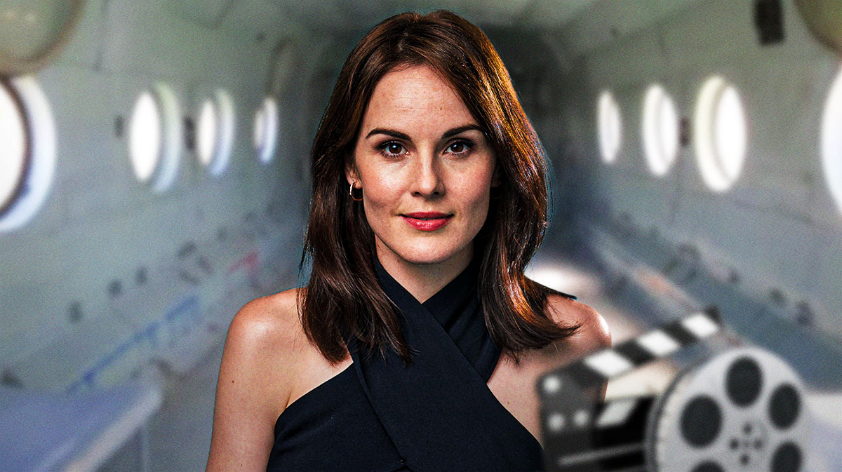 Flight Risk star Michelle Dockery, who spoke to ClutchPoints about working with Mark Wahlberg, with small airplane background.