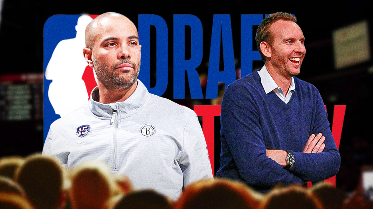Jordi Fernandez and Sean Marks on one side with the NBA draft lottery logo on the other
