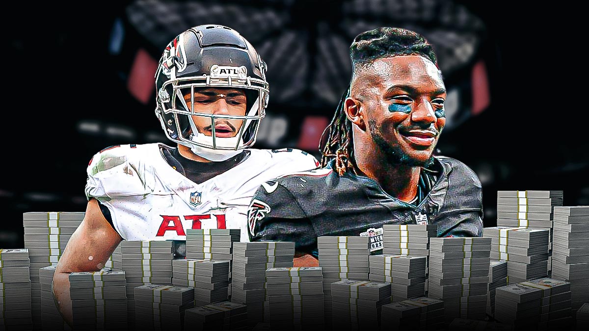 Falcons WR Drake London and RB Bijan Robinson surrounded by cash