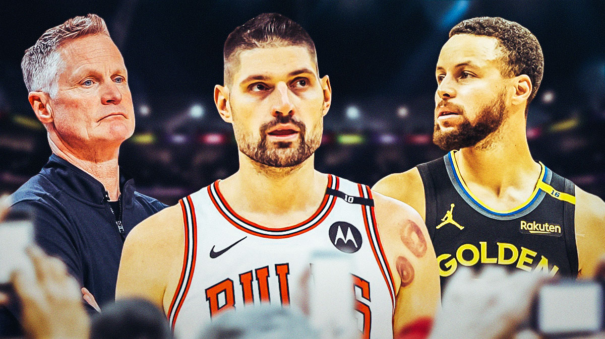 Stephen Curry and Steve Kerr with Nikola Vucevic in the middle.