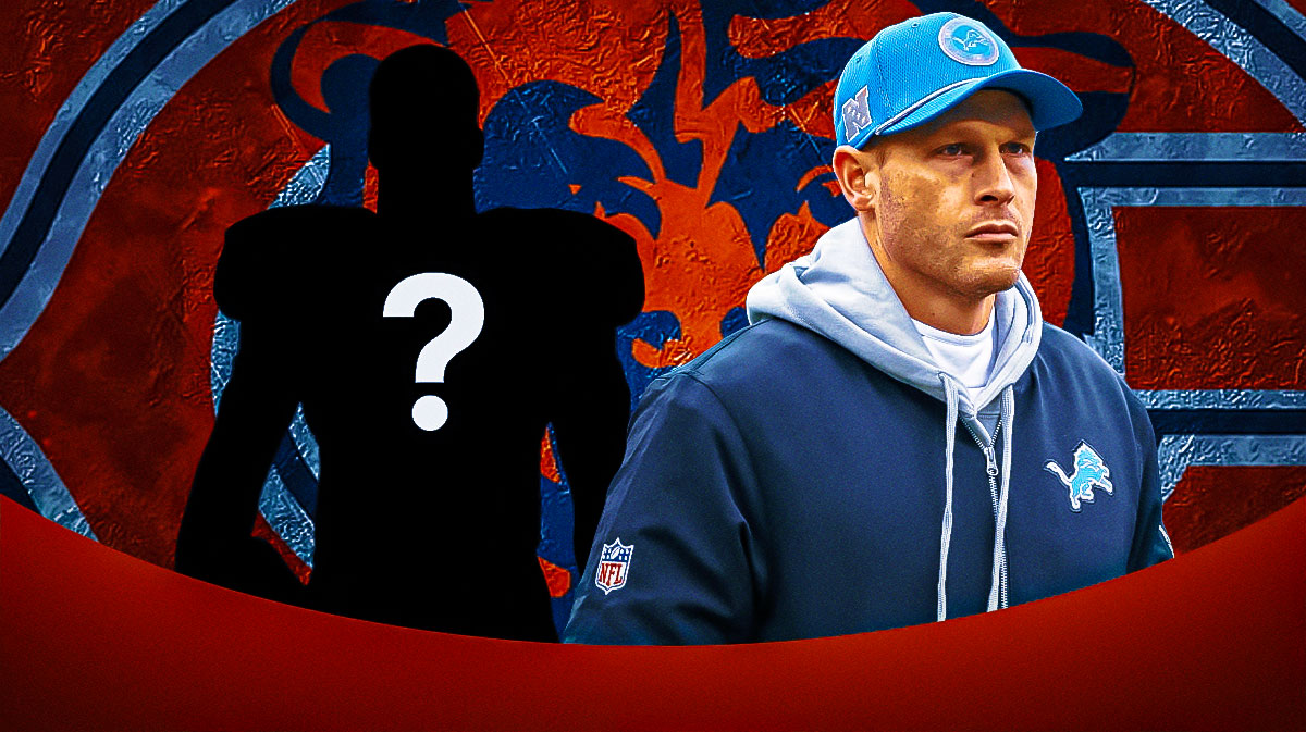 Chicago Bears head coach Ben Johnson with a silhouette of an American football player with a big question mark emoji inside. There is also a logo for the Chicago Bears.