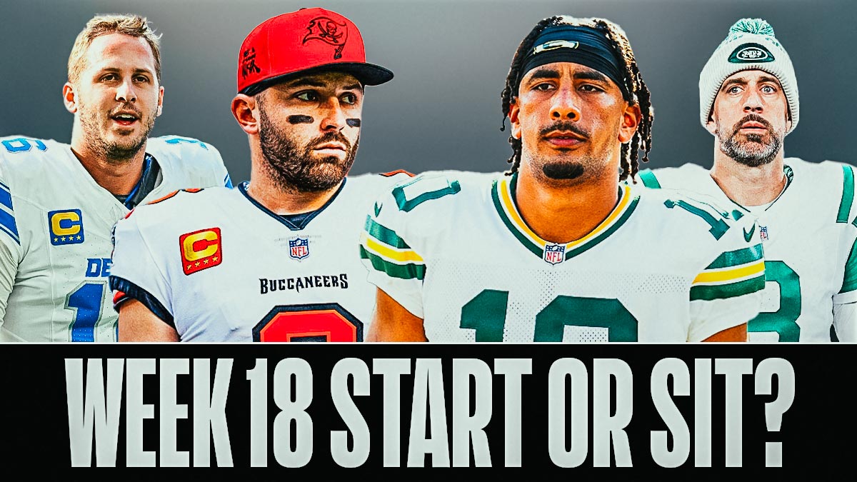 Here we have fantasy football Quarterbacks Baker Mayfield, Jared Goff, Jordan Love, and Aaron Rodgers with the NFL wallpaper background.