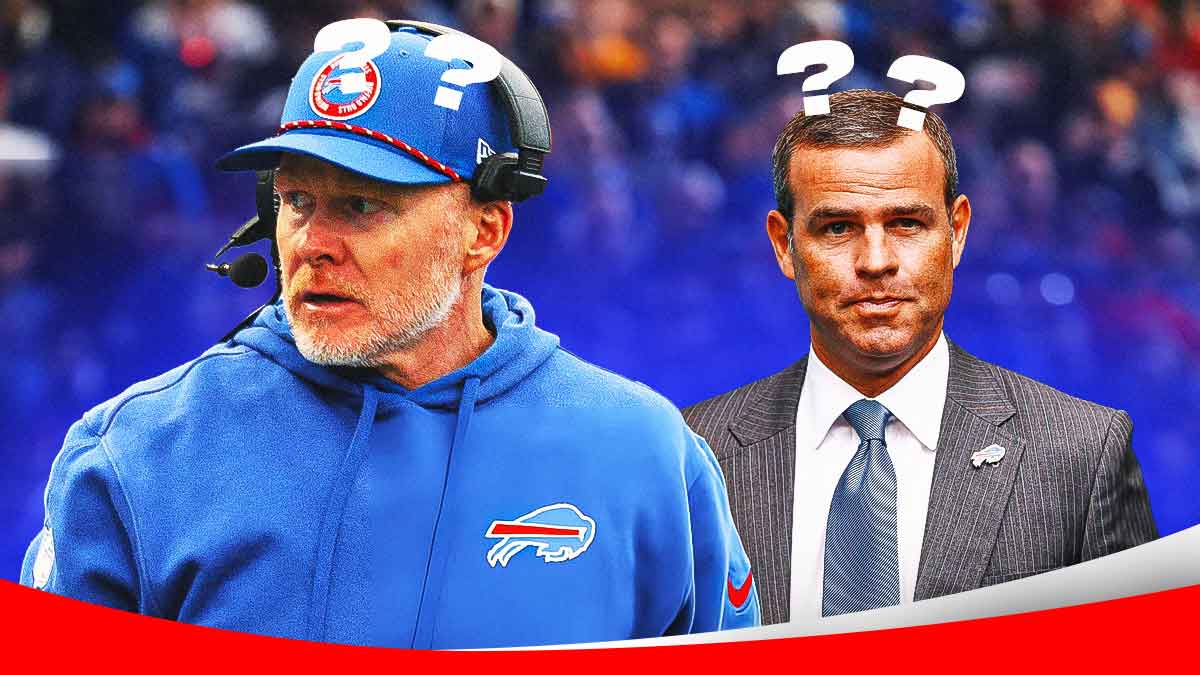 Bills head coach Sean McDermott and general manager Brandon Beane looking upset. Question marks around their head. Background is Highmark Stadium.