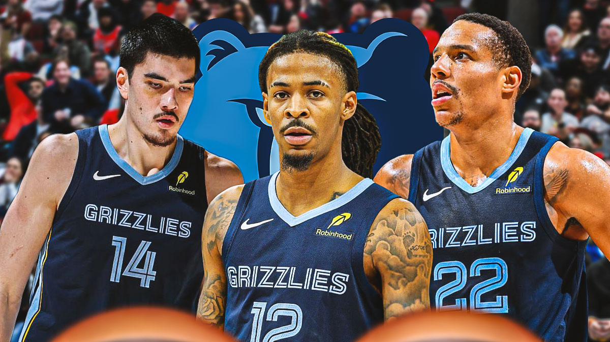 Desmond Bane, Ja Morant and Zach Edey in image, Memphis Grizzlies logo, basketball court in background