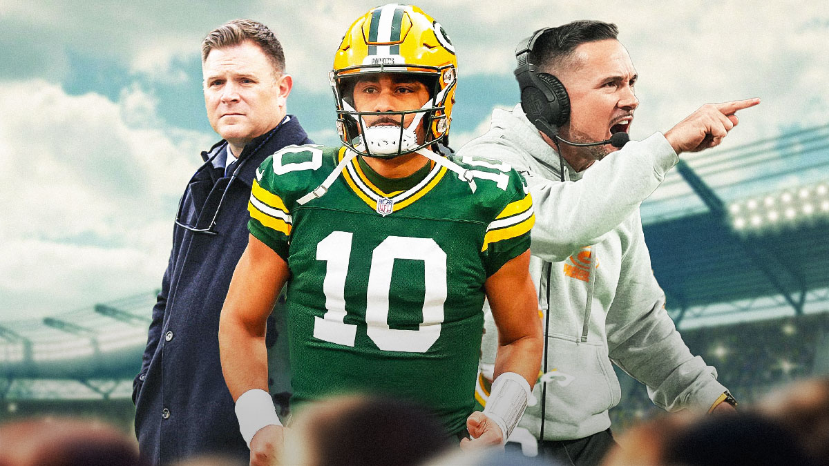 Angry Matt LaFleur on one side, General Manager Brian Gutekunst on the other and Jordan Love being upset in the middle.