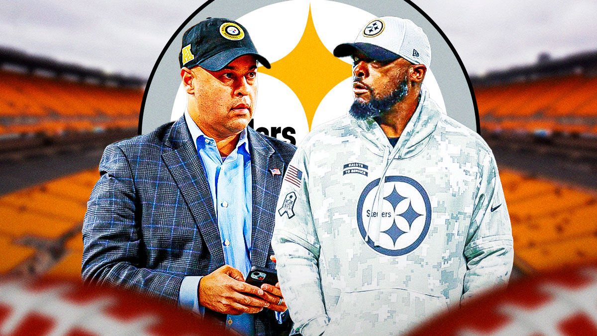 Steelers Omar Khan and Steelers Mike Tomlin with Pittsburgh Steelers logo behind them