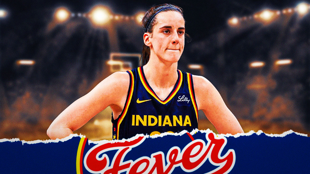 Indiana Fever Caitlin Clark with the Fever logo as a ripped effect underneath Clark