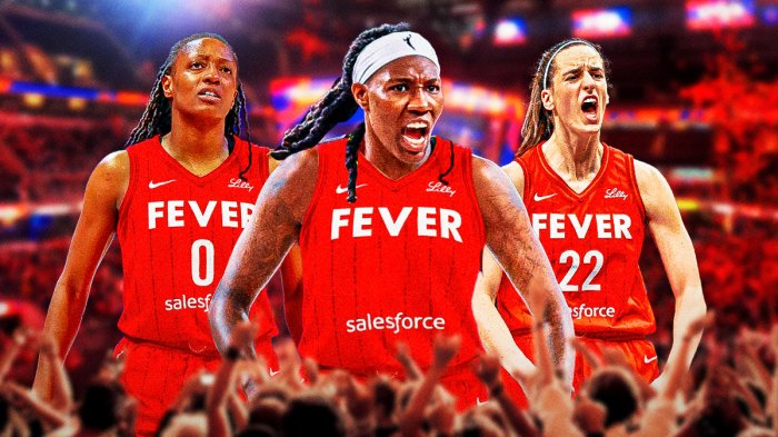Natasha Howard in an Indiana Fever jersey. Place Fever players Kelsey Mitchell and Caitlin Clark in background.