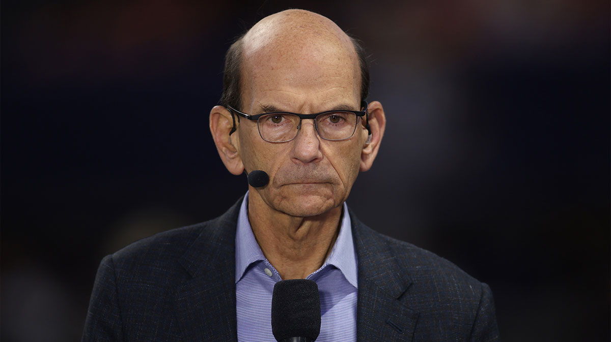ESPN announcer Paul Finebaum before the 2024 SEC Championship game at Mercedes-Benz Stadium.