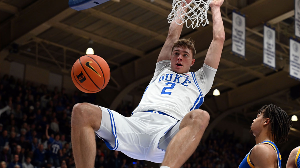 Duke Blue Devils forward Cooper Flagg (2) dunks during the second half against the Pitt Panthers at Cameron Indoor Stadium