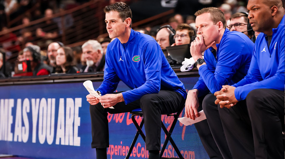 Florida Gators head coach Todd Golden directs his team against the South Carolina Gamecocks in the first half at Colonial Life Arena.