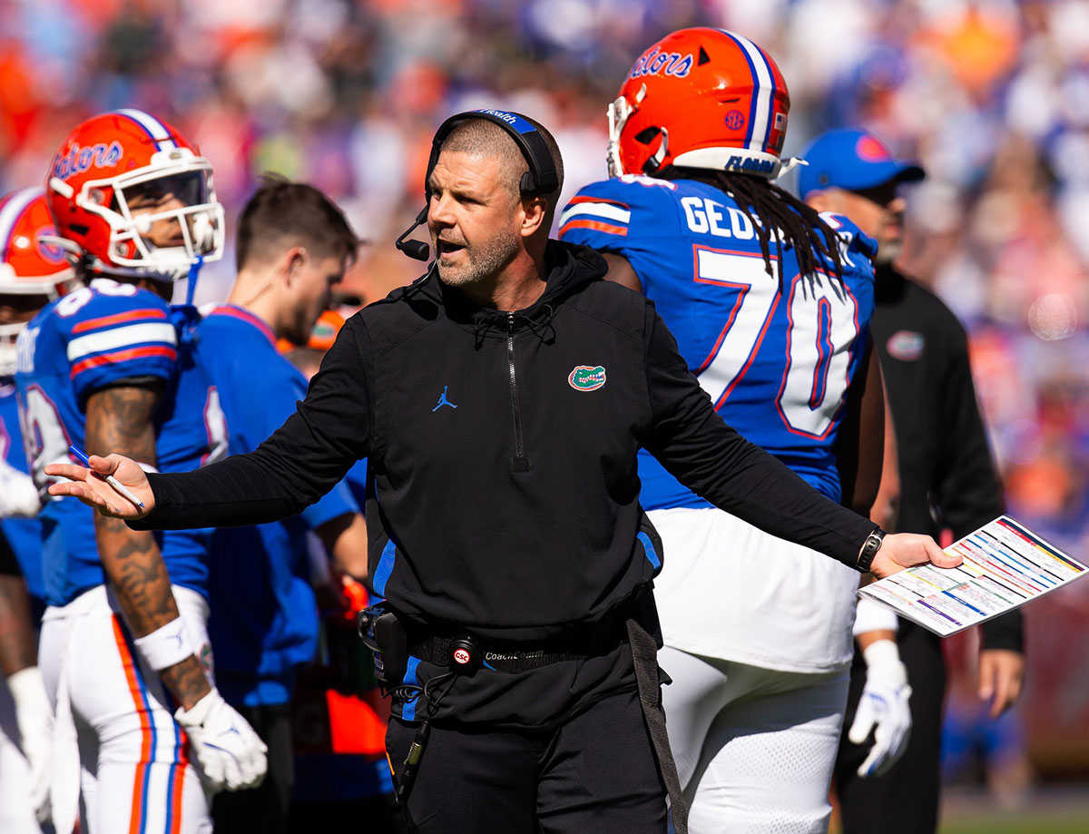 Florida Gators head coach Billy Napier reacts to a call during the first half at Ben Hill Griffin Stadium in Gainesville, FL on Saturday, November 23, 2024.